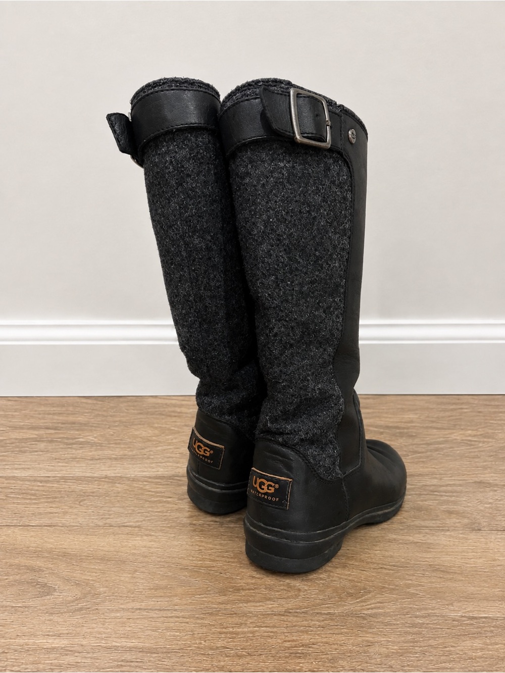 UGG Women’s Black Tall Leather and Wool-Blend Riding Boots